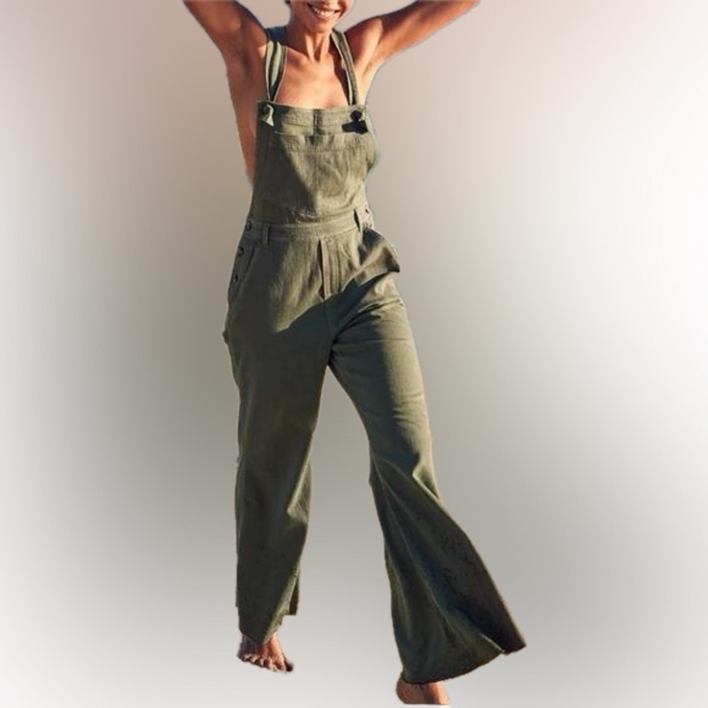 Aerie Army Green Wide Leg Raw Edge Knot Strap Overalls Jumpsuit Pantsuit XS Boho